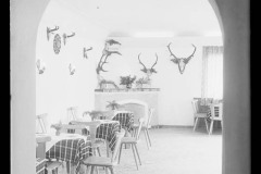 Bogendurchgang zu der Stube/ Speisezimmer Café - Hubertus Bach von innen, mit Tiergeweihen an den Wänden und mit Blumen geschmückten Tischen