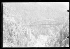 Brücke aus Stahl in großer Höhe, dahinter der Wald und darunter eine Straße