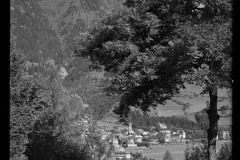 Blick durch einen Laubbaum auf Ortschaft mit Zentrum und Kirche von Wald und Bergen umgeben