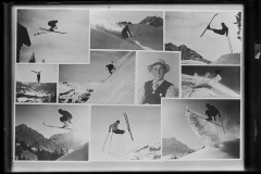 Zusammenstellung von Skifahrer, Skispringer und lachendem Mann