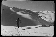 Männlicher, erwachsener Skiläufer, auf einem mit Schneebedecktem Feld