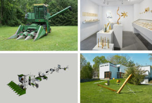 Brooks_David_image 06 David Brooks, Continuous Service Altered Daily, 2016-2017, Disassembled 1976 John Deere 3300 combine harvester with various components sandblasted, brass-plated, and gold powder-coated; display vitrines, wood pedestals, acrylic bonnets, and signage