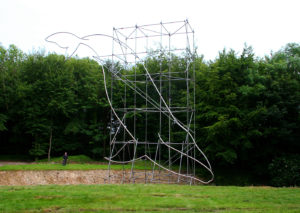 Brooks_David_image 11 David Brooks, Sketch of a Blue Whale (Enlarged to Scale: 23 meters, 154 tons), 2012, Polished stainless-steel tubing, used galvanized steel scaffolding, hardware, 18,104 x 18,108 x 3000 mm